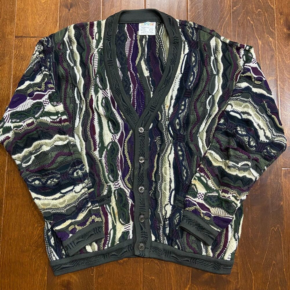 Coogi Australia Vintage 3D Chunky Knit Green Purple Cardigan Sweater Size M - Picture 4 of 9